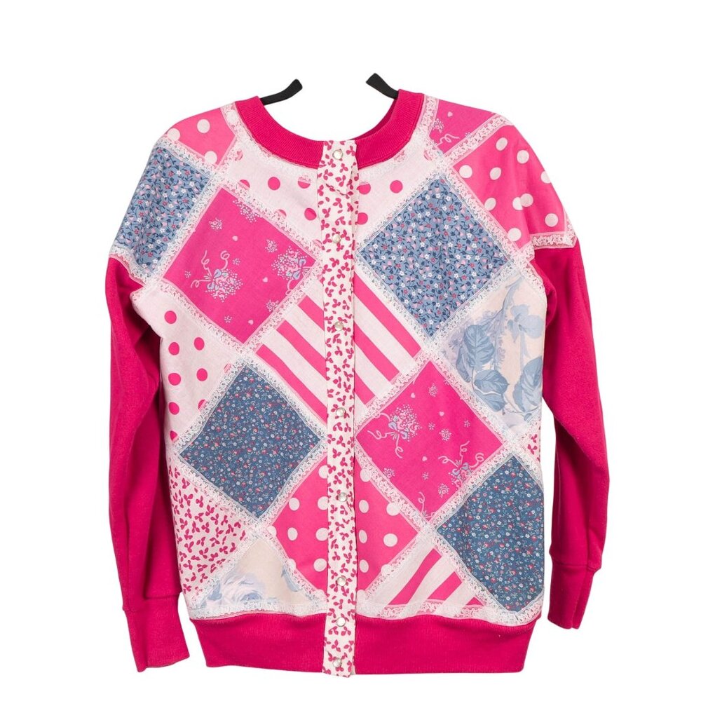 Plaid Patchwork Cardigan Sweatshirt Sweatpants M Pink Floral Lace 90s Mom Cozy - Picture 2 of 13